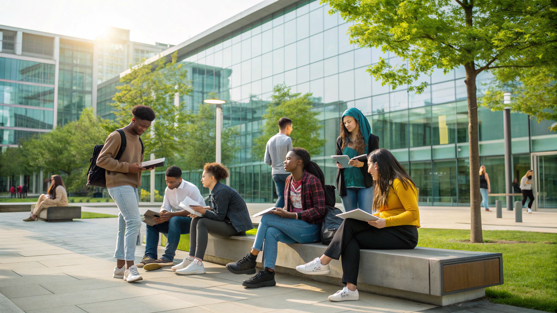 Diverse ambitious students on a prestigious global university campus